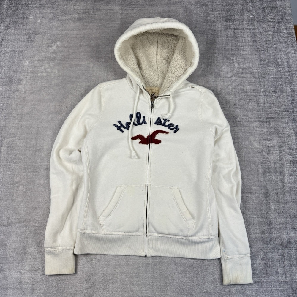 Hollister Sweatshirt Womans Large White Hoodie Vtg Y2K Faux Fur Lined Full Zip